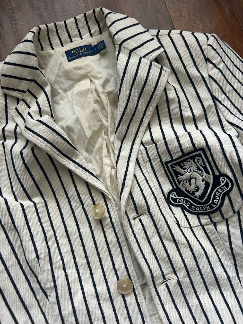 Polo by Ralph Lauren Cream Blazer with Navy Pinstripes and Crest Patch Cotton - Picture 7 of 16